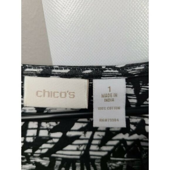 Chicos Womens BOHO Top Medium Black White Floral Crochet Trim 3/4 Sleeve Casual - Picture 7 of 7